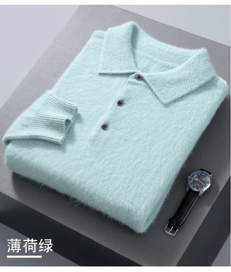 Pullover Men's Sweater Polo Neck 100% Mink Cashmere Knitted Sweater Casual Loose Large Size Long Sleeve 23 Winter Korean Version - Shopfly.co.uk