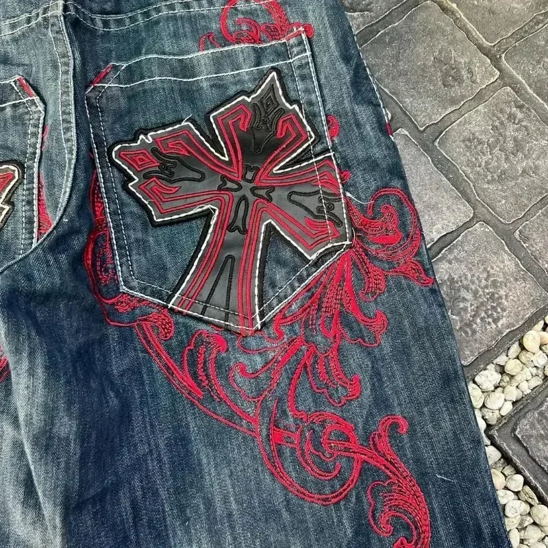 Vintage Graphic Printing Baggy Denim Shorts New Gothic Cross Y2K Fashion Harajuku Casual High Waist Wide Leg Shorts Streetwear - Shopfly.co.uk