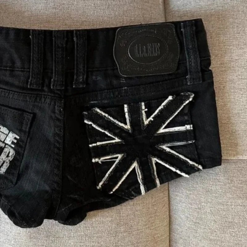 Hip hop fashion street clothing graphic printing style women black shorts ins y2k goth slim denim shorts - Shopfly.co.uk