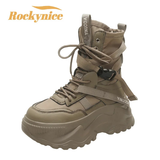 Women Ankle Boots Autumn Leather Chunky Shoes Woman High Platform Breathable Sneakers 8CM Thick Sole Wedges Motorcycles Boots - Shopfly.co.uk