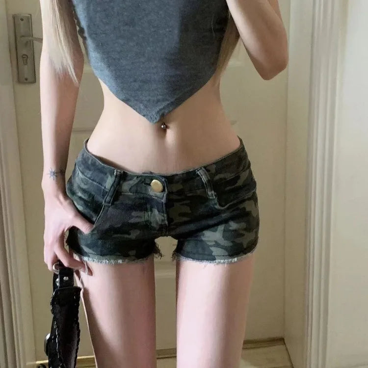 Vintage Sexy Camouflage Denim Shorts 2025 Summer New Straight Jeans for Women Y2k Grunge Low-waisted Bodycon Ropa Mujer - Shopfly.co.uk