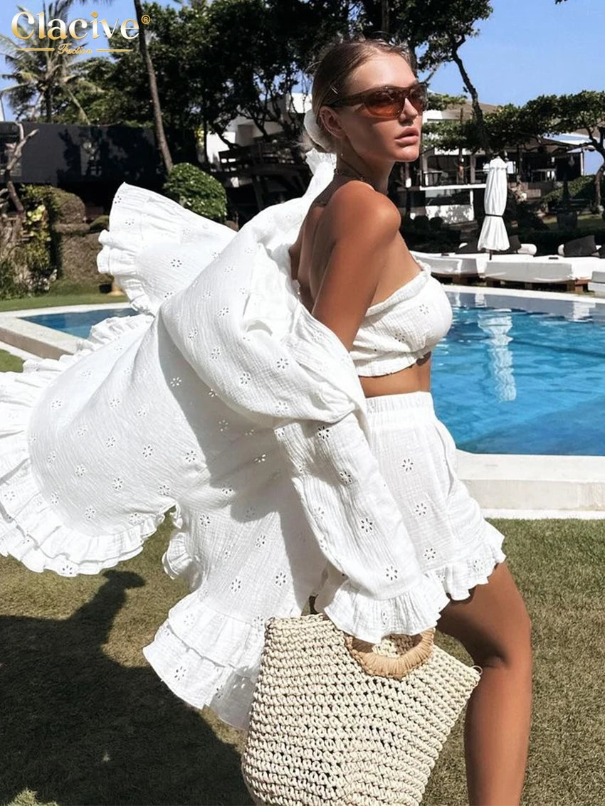 Clacive Fashion Loose White Cotton 3 Piece Sets Women Outfit 2024 Elegant Long Sleevee Shirt With High Waist Shorts Set Female - Shopfly.co.uk