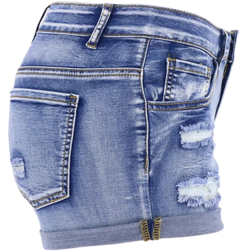 Women's Split Denim Shorts Summer Beach Wild Fashion Sexy Mid Waist Curled Cuff Perforated Elastic Slim Fit Casual Shorts - Shopfly.co.uk