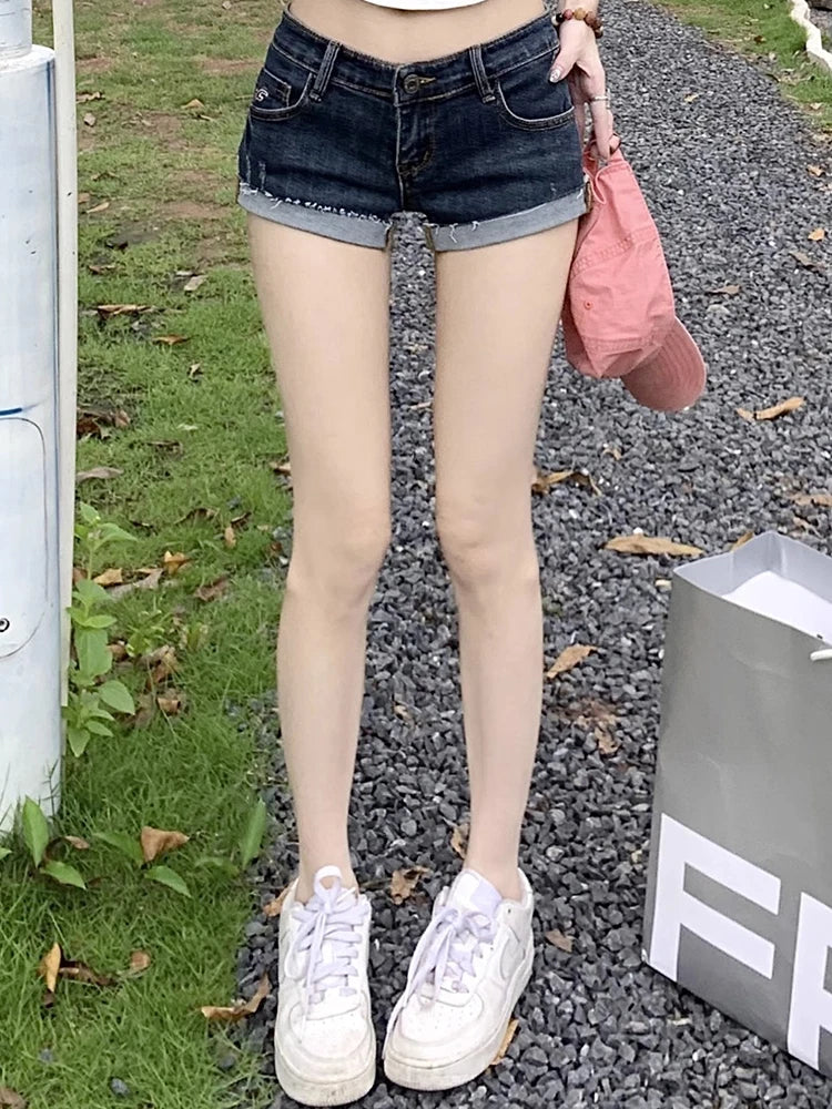 Summer New Women Korean Denim Shorts Pants Lady Low Waist Elastic Slim Fit Hot Pants Female Sexy Deep Blue Hip Wrapping Jeans - Shopfly.co.uk