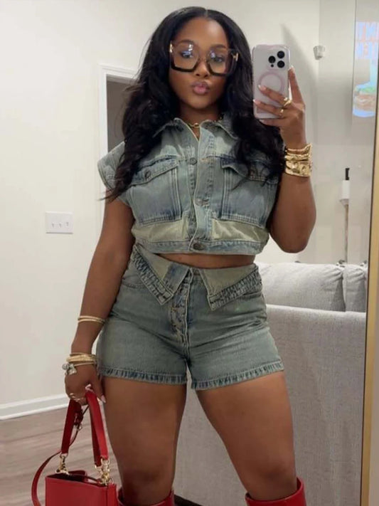 Weird Puss Patchwork Women 2 Piece Set Frock Tracksuit Single-Breasted Pocket Tank Tops+Lapel Short Matching Streetwear Outfits - Shopfly.co.uk