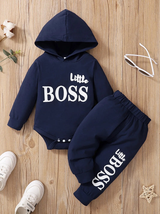 0-2 Years Newborn Baby Boy Hooded Suit 2Pcs Set Long Sleeve Letter Bodysuit+Pants Toddler Boy Autumn Sport Style Sweatsuit - Shopfly.co.uk