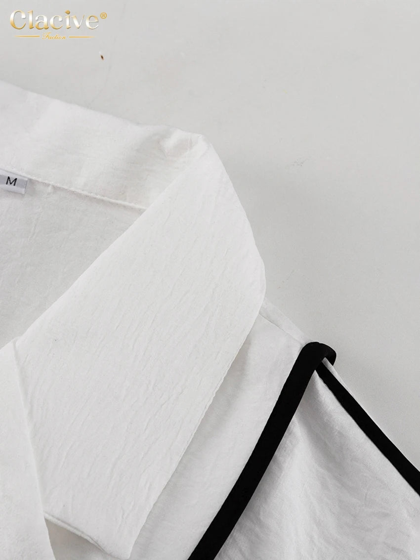 Clacive Fashion Loose White 2 Piece Sets Women Outfit 2024 Casual Long Sleeve Shirt With High Waist Shorts Set Female Streetwear - Shopfly.co.uk