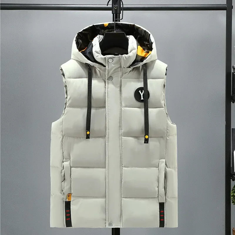 Vest for Men Cotton Warm Sleeveless Coat Hat Detachable Padded Winter Waistcoat Work Wear Male High Quality Clothes 5XL - Shopfly.co.uk