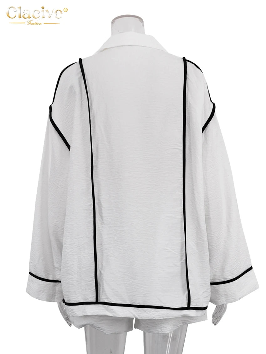 Clacive Fashion Loose White 2 Piece Sets Women Outfit 2024 Casual Long Sleeve Shirt With High Waist Shorts Set Female Streetwear - Shopfly.co.uk