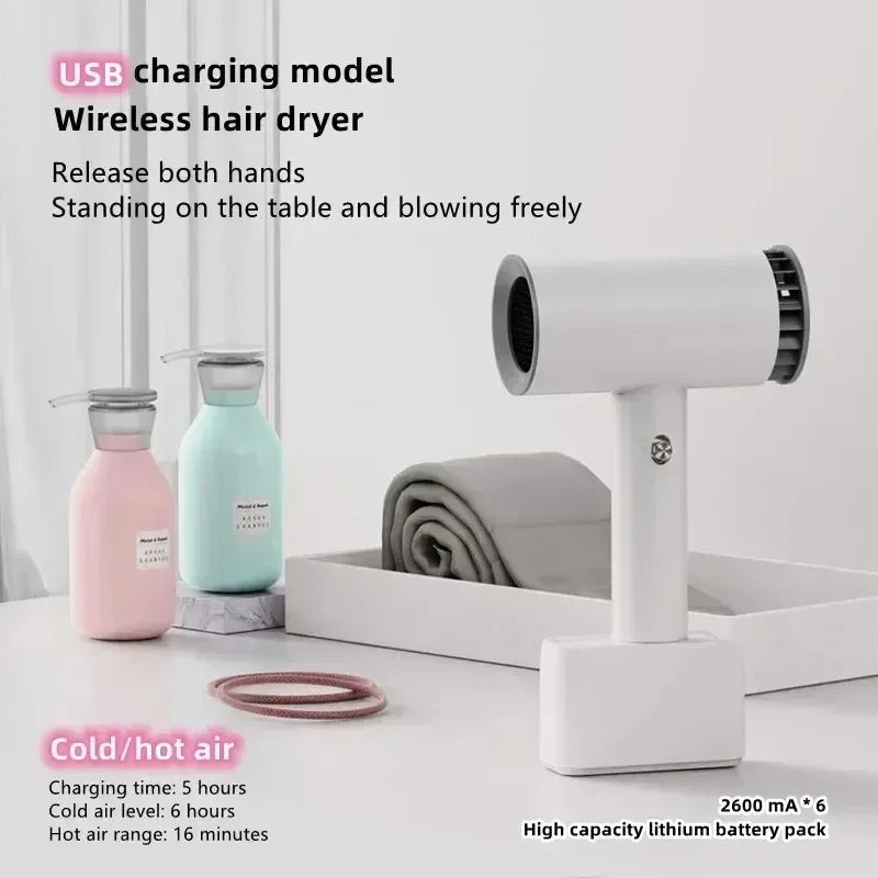 Portable Cordless Hair Dryer Fast Dry Hair Lithium Battery Rechargeable Blow Dryer Strong Wind Travel/Outdoor Plug in Hot Air - Shopfly.co.uk