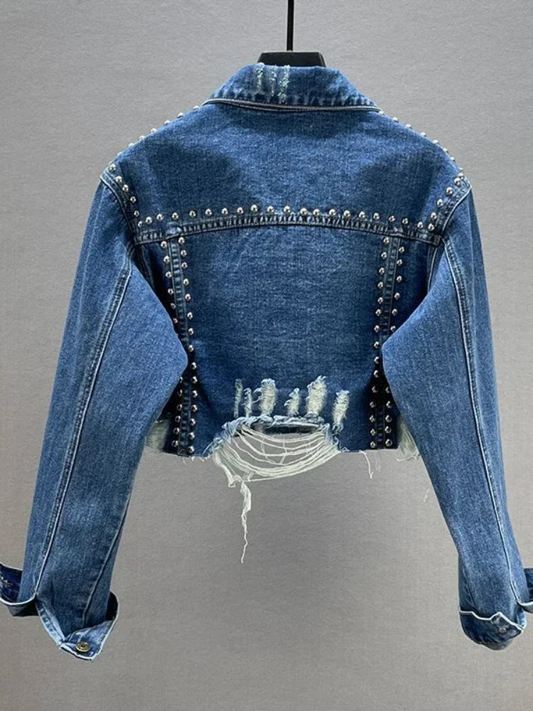 Womens Denim Spring Summer New In Heavy Industry Jean Jacket Women Worn Nail Bead Jean Jacket Top