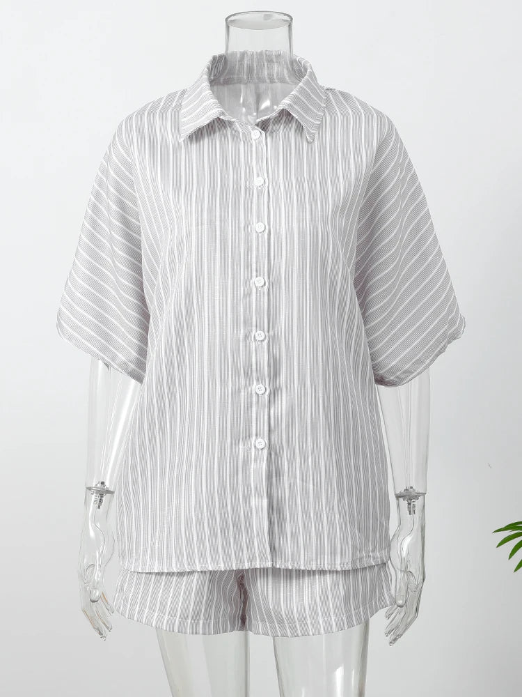 Gray Casual Loose Shorts Set Women Long Sleeve Single Breasted Shirt Elastic Waist Shorts Suit Summer Lady Daily Holiday Outfit - Shopfly.co.uk