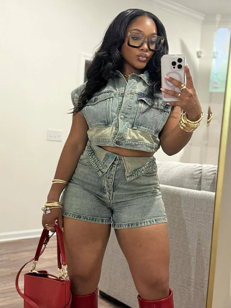 Weird Puss Patchwork Women 2 Piece Set Frock Tracksuit Single-Breasted Pocket Tank Tops+Lapel Short Matching Streetwear Outfits - Shopfly.co.uk