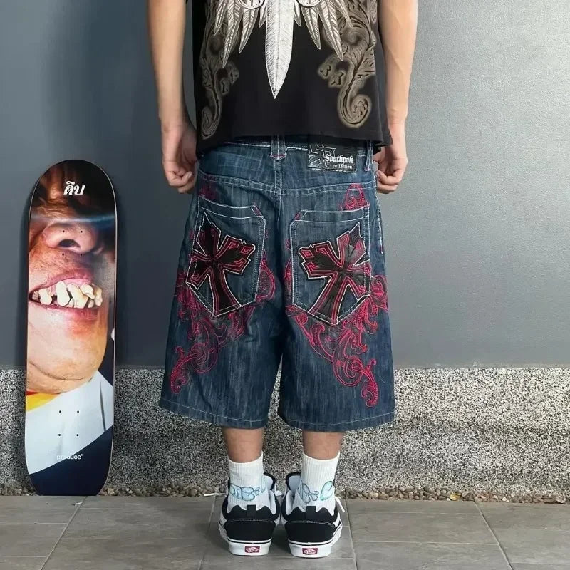 Vintage Graphic Printing Baggy Denim Shorts New Gothic Cross Y2K Fashion Harajuku Casual High Waist Wide Leg Shorts Streetwear - Shopfly.co.uk