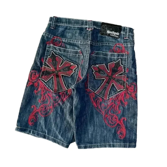 Vintage Graphic Printing Baggy Denim Shorts New Gothic Cross Y2K Fashion Harajuku Casual High Waist Wide Leg Shorts Streetwear - Shopfly.co.uk