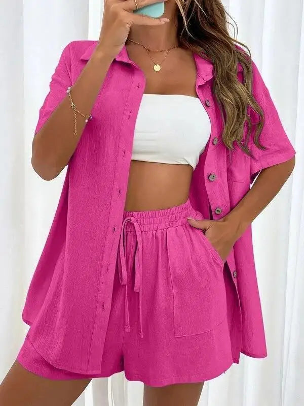 Solid Color Single Breasted Top Casual Loose Short Pants Sets Women Summer Women's 2 Pieces Suit Full Set Female Outfit Clothes - Shopfly.co.uk