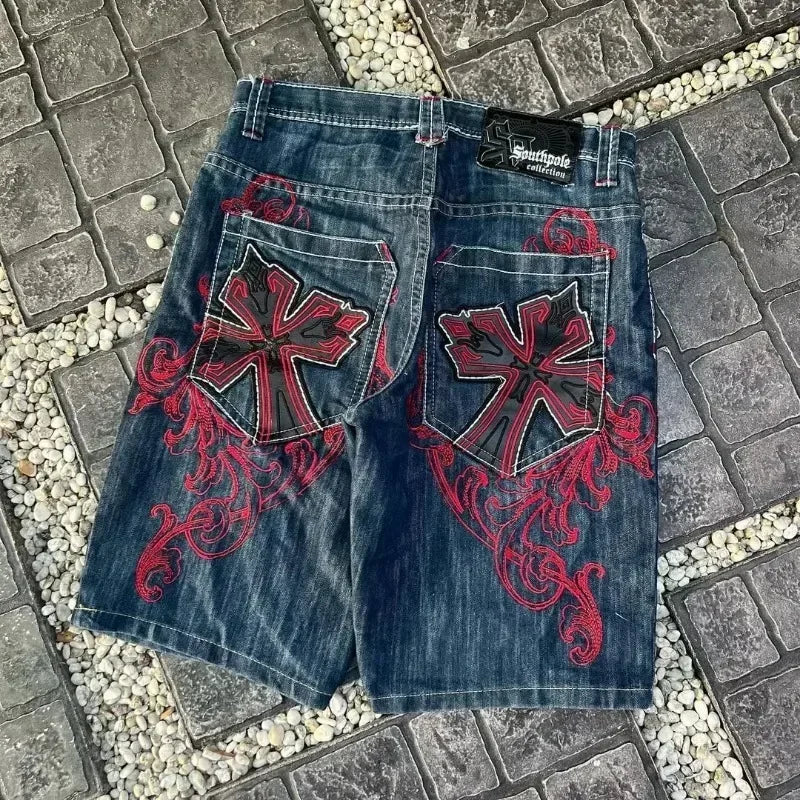 Vintage Graphic Printing Baggy Denim Shorts New Gothic Cross Y2K Fashion Harajuku Casual High Waist Wide Leg Shorts Streetwear - Shopfly.co.uk