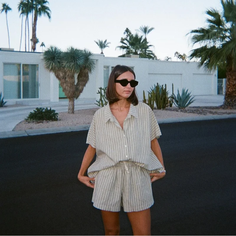 Gray Casual Loose Shorts Set Women Long Sleeve Single Breasted Shirt Elastic Waist Shorts Suit Summer Lady Daily Holiday Outfit - Shopfly.co.uk