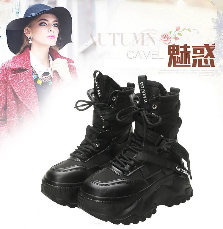 Women Ankle Boots Autumn Leather Chunky Shoes Woman High Platform Breathable Sneakers 8CM Thick Sole Wedges Motorcycles Boots - Shopfly.co.uk
