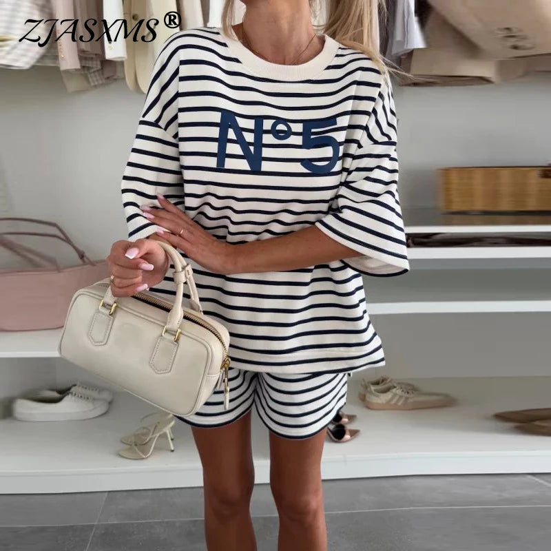 Summer Striped Patchwork Shirt And Shorts Set New Fashion Loose Comfortable Home suit O-neck Half Sleevee Vacation Casual Outfit - Shopfly.co.uk
