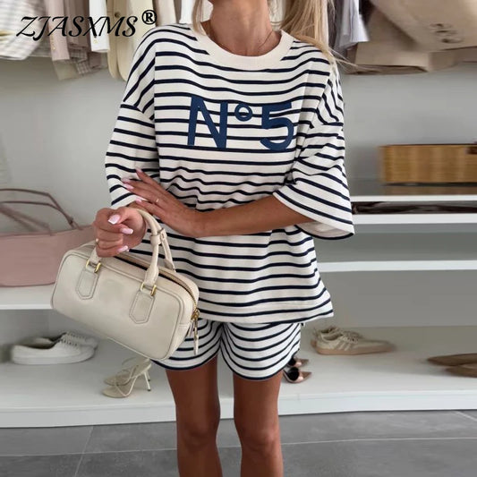 Summer Striped Patchwork Shirt And Shorts Set New Fashion Loose Comfortable Home suit O-neck Half Sleevee Vacation Casual Outfit - Shopfly.co.uk