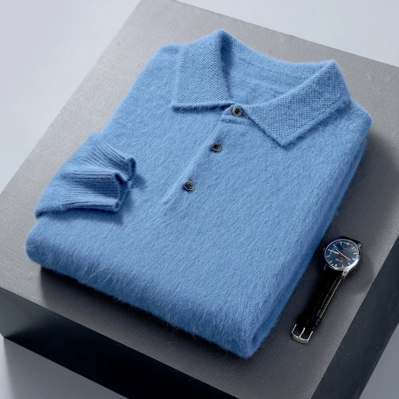 Pullover Men's Sweater Polo Neck 100% Mink Cashmere Knitted Sweater Casual Loose Large Size Long Sleeve 23 Winter Korean Version - Shopfly.co.uk