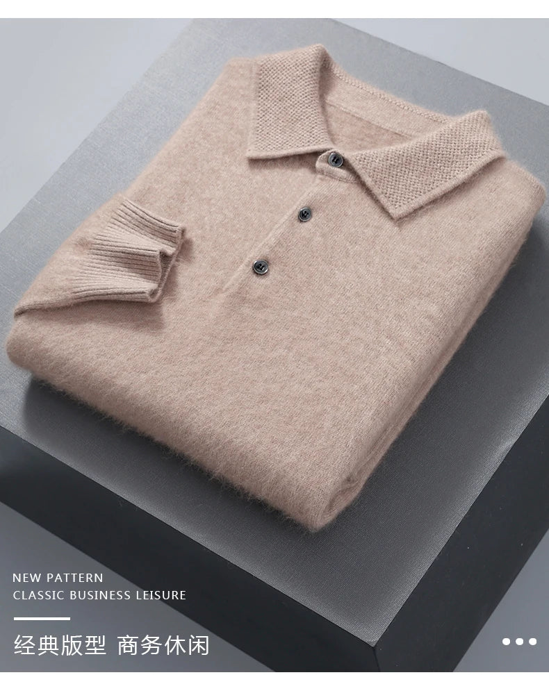 Pullover Men's Sweater Polo Neck 100% Mink Cashmere Knitted Sweater Casual Loose Large Size Long Sleeve 23 Winter Korean Version - Shopfly.co.uk