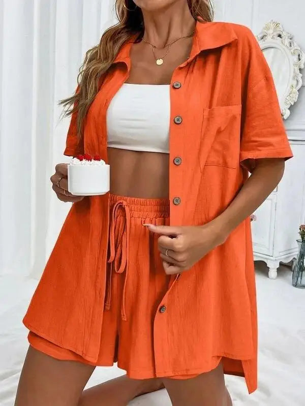 Solid Color Single Breasted Top Casual Loose Short Pants Sets Women Summer Women's 2 Pieces Suit Full Set Female Outfit Clothes - Shopfly.co.uk