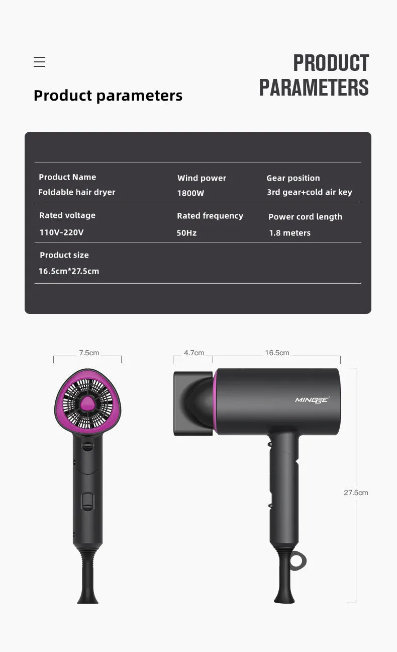 Popular Foldable Hair Dryer 1800W Blue Light Negative Ion Super Silent US/EU/UK/Plug 110V/220V Home Barber Recommended - Shopfly.co.uk