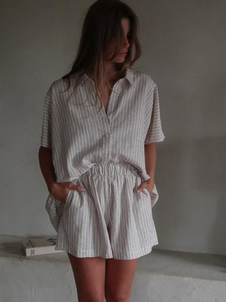 Gray Casual Loose Shorts Set Women Long Sleeve Single Breasted Shirt Elastic Waist Shorts Suit Summer Lady Daily Holiday Outfit - Shopfly.co.uk
