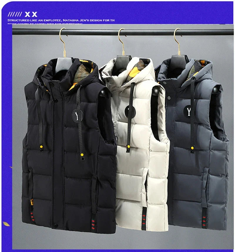 Vest for Men Cotton Warm Sleeveless Coat Hat Detachable Padded Winter Waistcoat Work Wear Male High Quality Clothes 5XL - Shopfly.co.uk