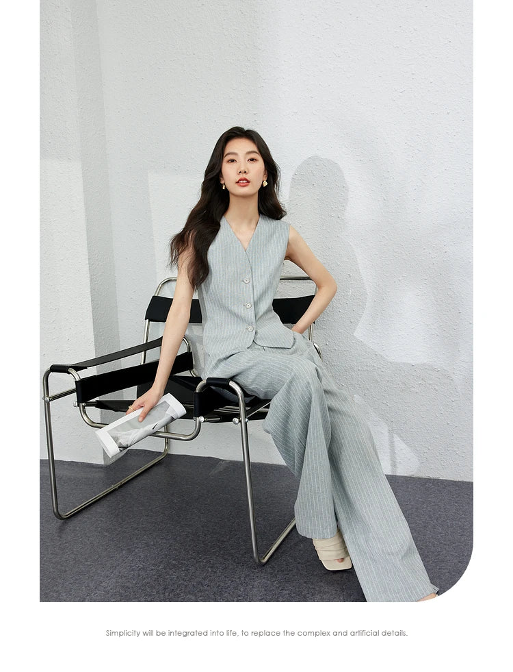 VIMLY Two Piece Office Outfit Woman 2025 Summer Pant Sets Linen Blend Women's Suits V Neck Waistcoat + Wide Leg Long Pants M7357 - Shopfly.co.uk