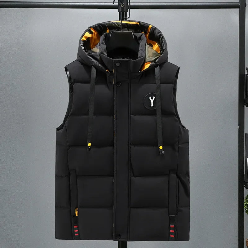 Vest for Men Cotton Warm Sleeveless Coat Hat Detachable Padded Winter Waistcoat Work Wear Male High Quality Clothes 5XL - Shopfly.co.uk