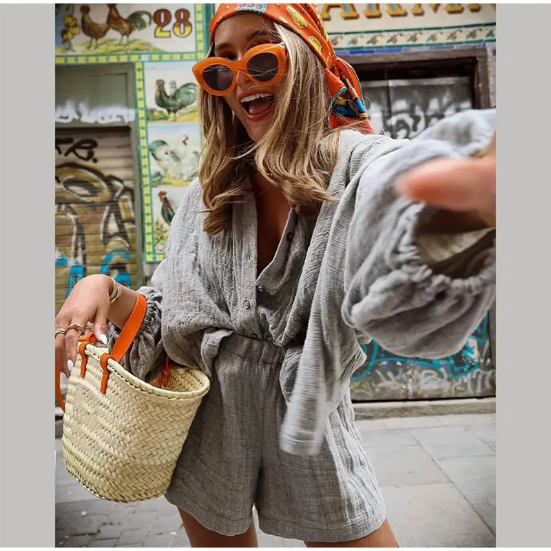 Gray Casual Loose Shorts Set Women Long Sleeve Single Breasted Shirt Elastic Waist Shorts Suit Summer Lady Daily Holiday Outfit - Shopfly.co.uk
