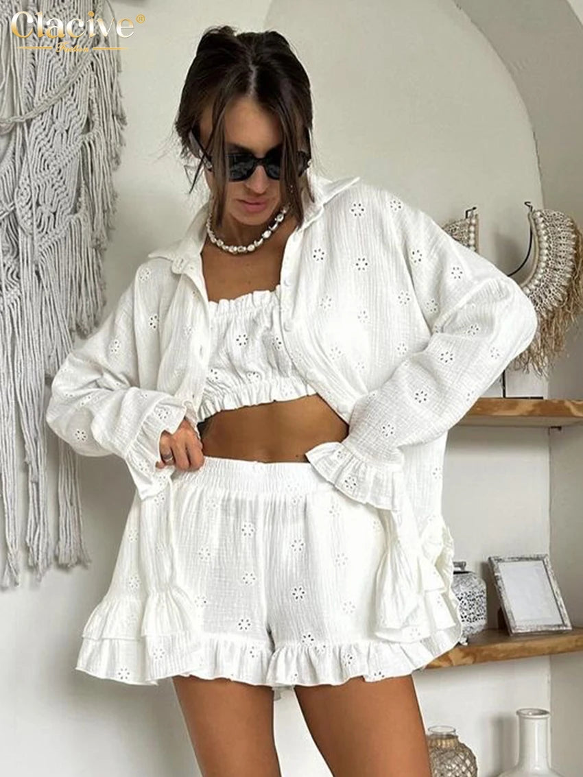 Clacive Fashion Loose White Cotton 3 Piece Sets Women Outfit 2024 Elegant Long Sleevee Shirt With High Waist Shorts Set Female - Shopfly.co.uk