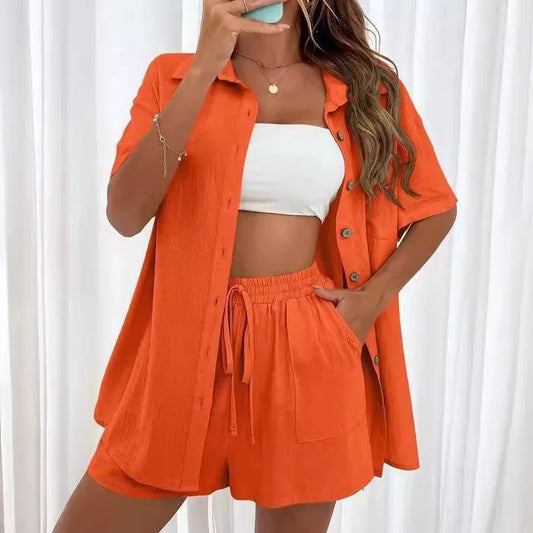 Solid Color Single Breasted Top Casual Loose Short Pants Sets Women Summer Women's 2 Pieces Suit Full Set Female Outfit Clothes - Shopfly.co.uk