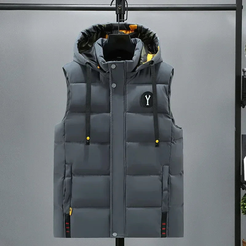 Vest for Men Cotton Warm Sleeveless Coat Hat Detachable Padded Winter Waistcoat Work Wear Male High Quality Clothes 5XL - Shopfly.co.uk