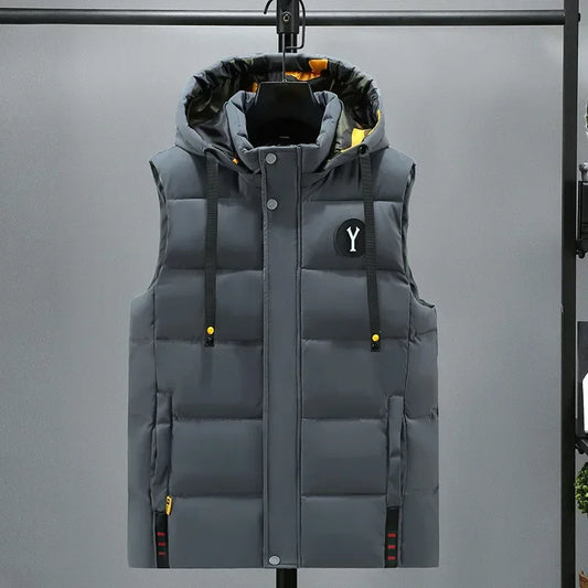 Vest for Men Cotton Warm Sleeveless Coat Hat Detachable Padded Winter Waistcoat Work Wear Male High Quality Clothes 5XL - Shopfly.co.uk