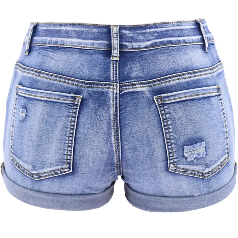 Women's Split Denim Shorts Summer Beach Wild Fashion Sexy Mid Waist Curled Cuff Perforated Elastic Slim Fit Casual Shorts - Shopfly.co.uk