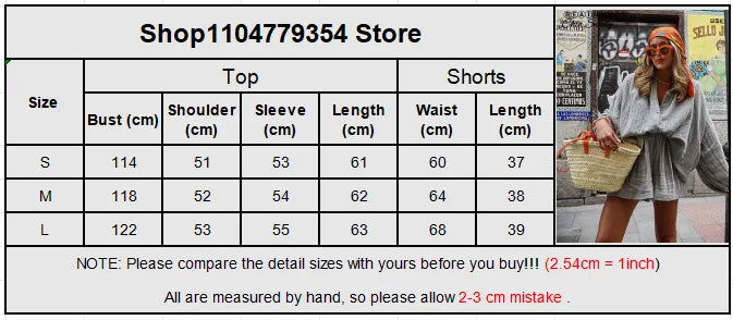Gray Casual Loose Shorts Set Women Long Sleeve Single Breasted Shirt Elastic Waist Shorts Suit Summer Lady Daily Holiday Outfit - Shopfly.co.uk