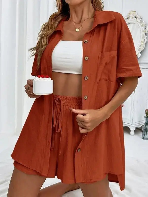 Solid Color Single Breasted Top Casual Loose Short Pants Sets Women Summer Women's 2 Pieces Suit Full Set Female Outfit Clothes - Shopfly.co.uk