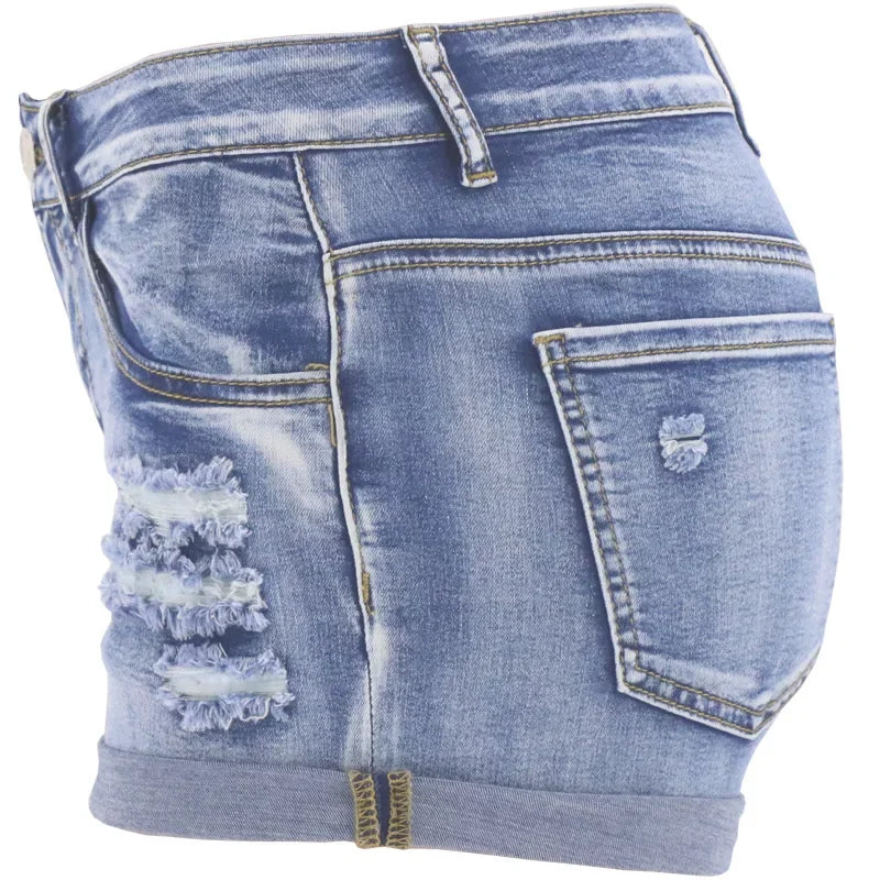 Women's Split Denim Shorts Summer Beach Wild Fashion Sexy Mid Waist Curled Cuff Perforated Elastic Slim Fit Casual Shorts - Shopfly.co.uk