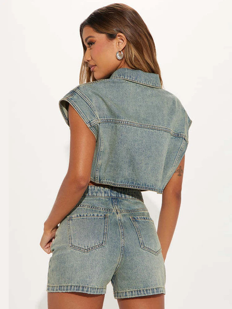 Weird Puss Patchwork Women 2 Piece Set Frock Tracksuit Single-Breasted Pocket Tank Tops+Lapel Short Matching Streetwear Outfits - Shopfly.co.uk