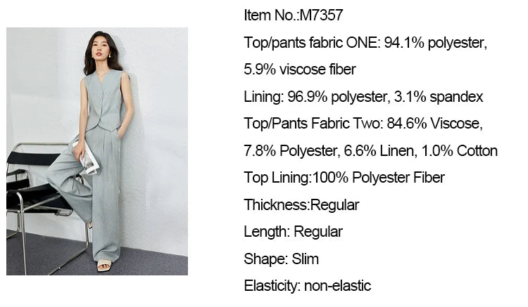 VIMLY Two Piece Office Outfit Woman 2025 Summer Pant Sets Linen Blend Women's Suits V Neck Waistcoat + Wide Leg Long Pants M7357 - Shopfly.co.uk