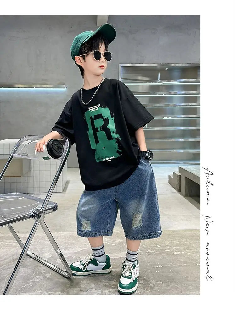 New Boys Fashion Summer 2pcs Cotton T-shirts+Denim Shorts Sporty Suits Teenage Kids Korean Style Outfits Sets Children Clothes - Shopfly.co.uk