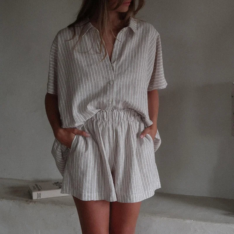 Gray Casual Loose Shorts Set Women Long Sleeve Single Breasted Shirt Elastic Waist Shorts Suit Summer Lady Daily Holiday Outfit - Shopfly.co.uk