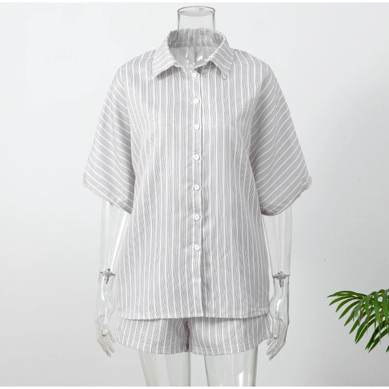 Gray Casual Loose Shorts Set Women Long Sleeve Single Breasted Shirt Elastic Waist Shorts Suit Summer Lady Daily Holiday Outfit - Shopfly.co.uk