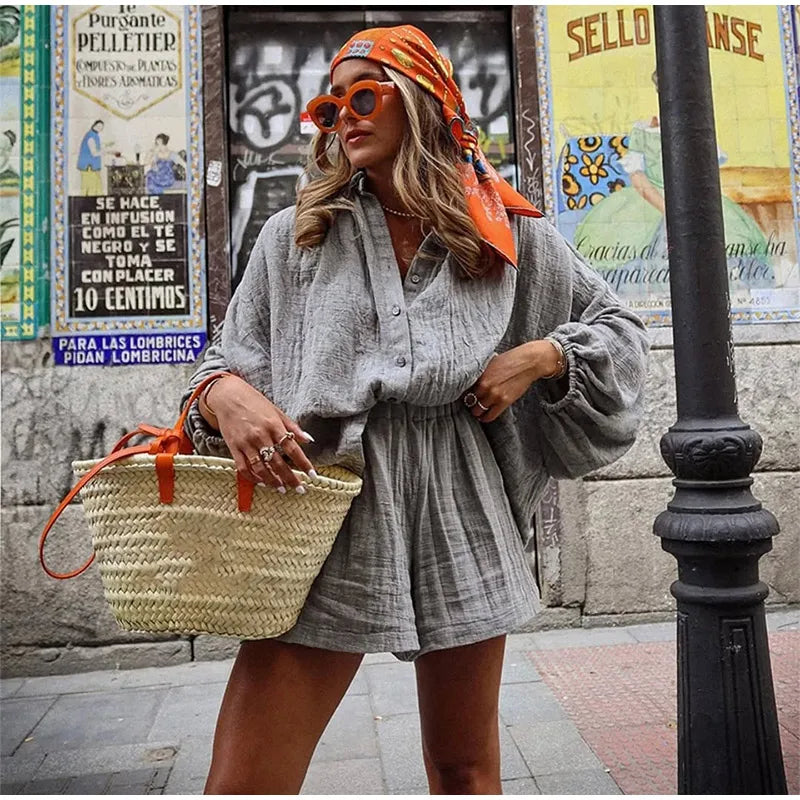 Gray Casual Loose Shorts Set Women Long Sleeve Single Breasted Shirt Elastic Waist Shorts Suit Summer Lady Daily Holiday Outfit - Shopfly.co.uk