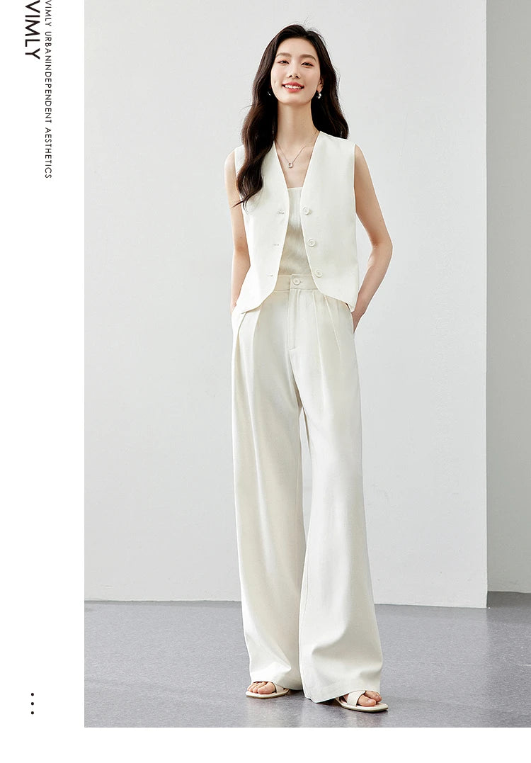 VIMLY Two Piece Office Outfit Woman 2025 Summer Pant Sets Linen Blend Women's Suits V Neck Waistcoat + Wide Leg Long Pants M7357 - Shopfly.co.uk