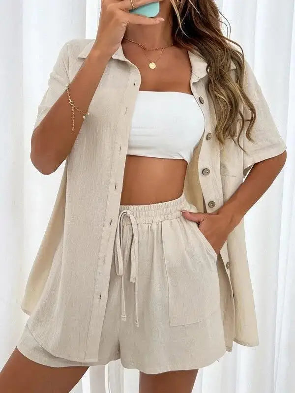 Solid Color Single Breasted Top Casual Loose Short Pants Sets Women Summer Women's 2 Pieces Suit Full Set Female Outfit Clothes - Shopfly.co.uk